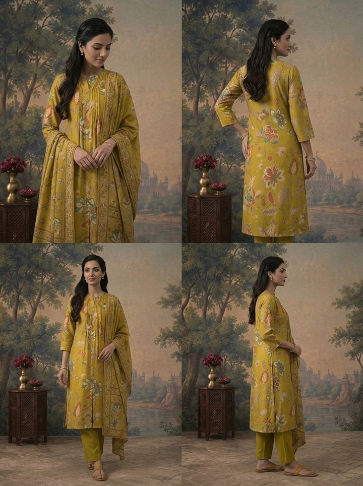 Mehadi Green Modal Floral Printed Three Piece Set
