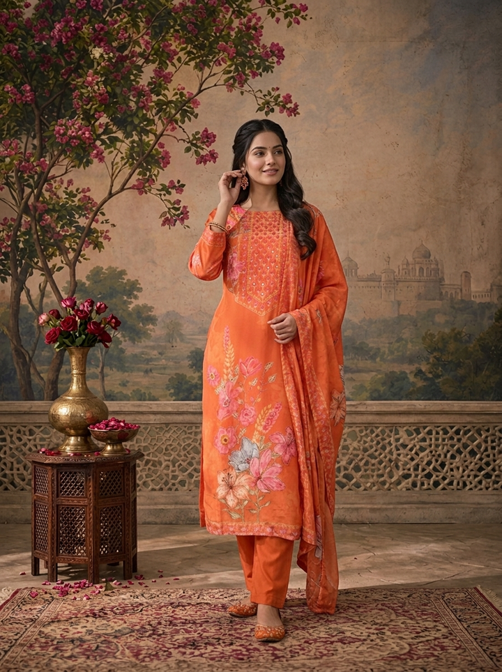 Orange Crepe Floral Hand-Painted Printed Three Piece Set