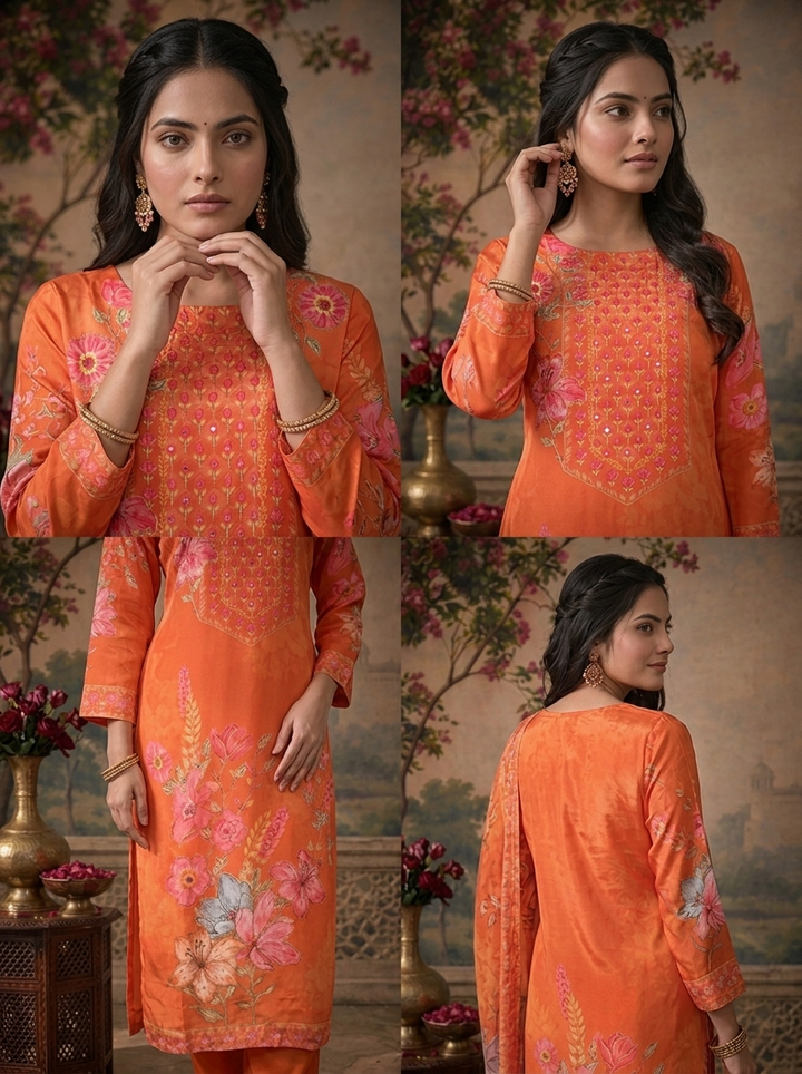 Orange Crepe Floral Hand-Painted Printed Three Piece Set