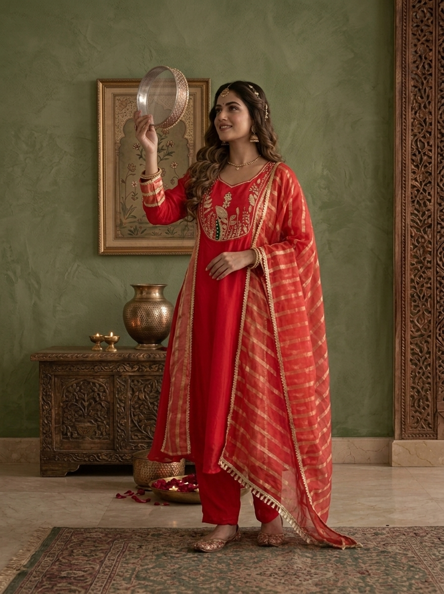 Red Crepe Striped Zardozi Embroidered Three Piece Set