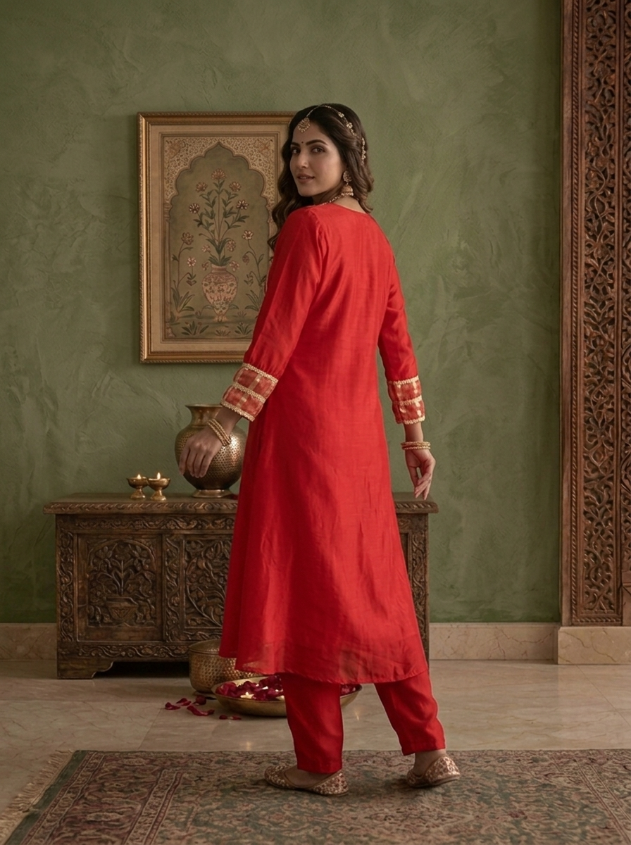 Red Crepe Striped Zardozi Embroidered Three Piece Set