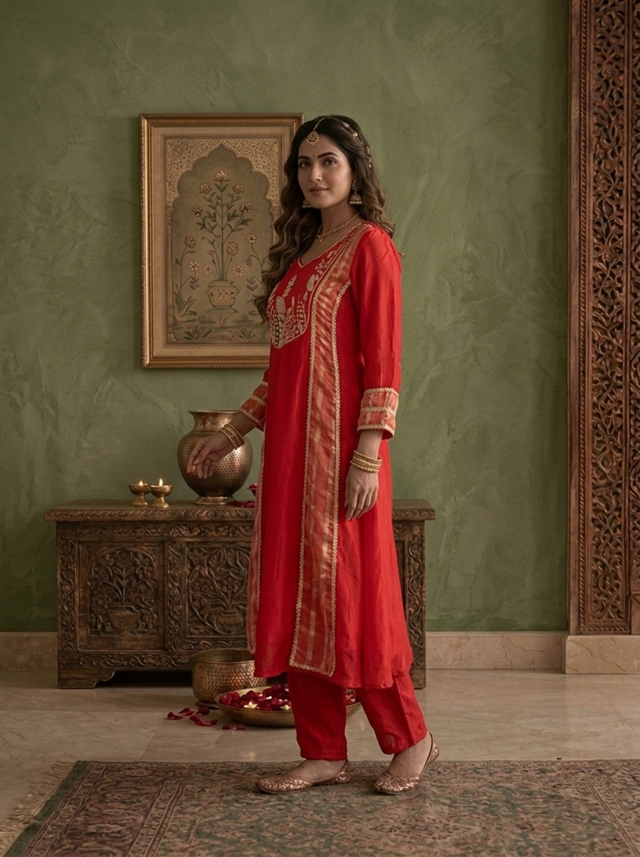 Red Crepe Striped Zardozi Embroidered Three Piece Set