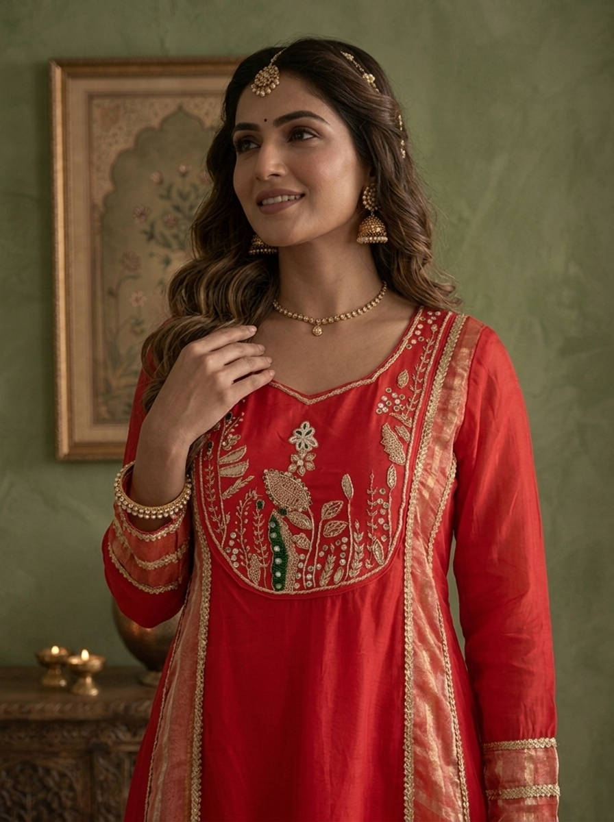 Red Crepe Striped Zardozi Embroidered Three Piece Set