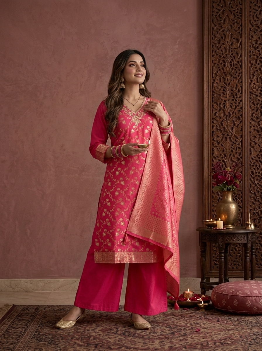 Rani Banaras Silk Zari Floral Vine Weaved Three Piece Set