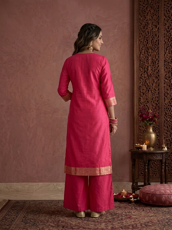 Rani Banaras Silk Zari Floral Vine Weaved Three Piece Set