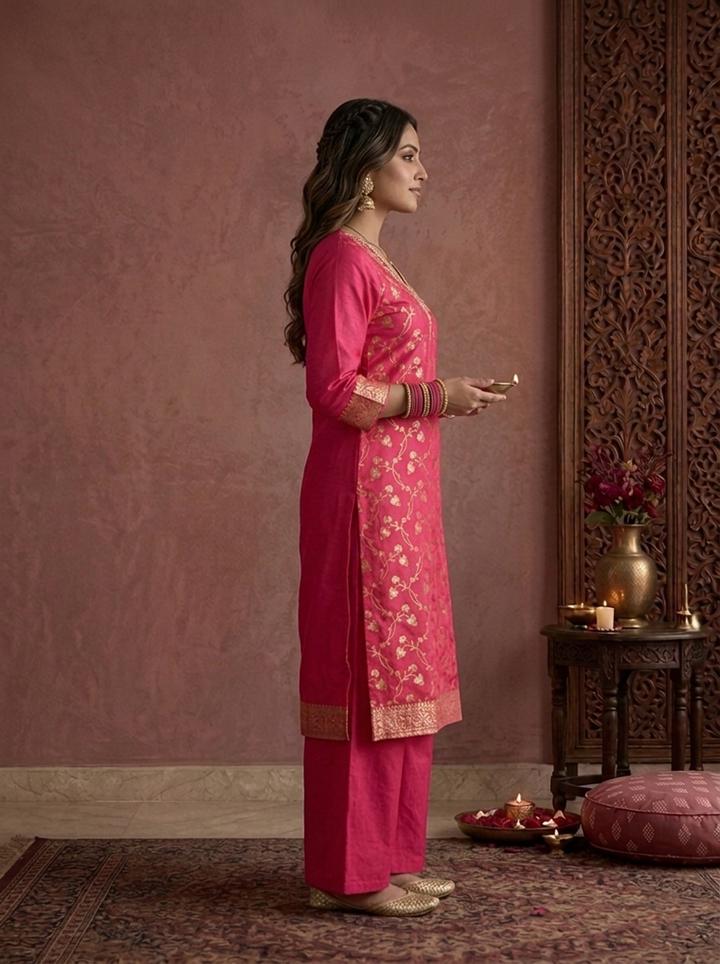 Rani Banaras Silk Zari Floral Vine Weaved Three Piece Set