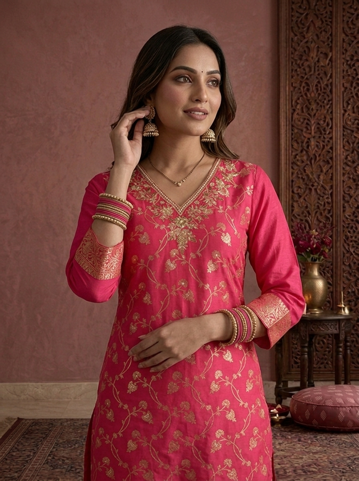 Rani Banaras Silk Zari Floral Vine Weaved Three Piece Set