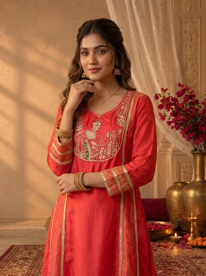 Rani Pink Crepe Striped Zardozi Embroidered Three Piece Set