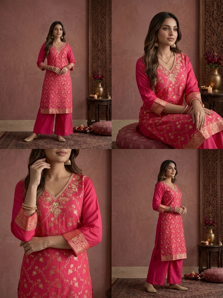 Rani Banaras Silk Zari Floral Vine Weaved Three Piece Set