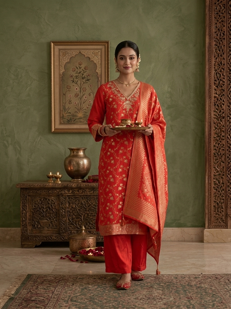 Red Banaras Silk Zari Floral Vine Weaved Three Piece Set