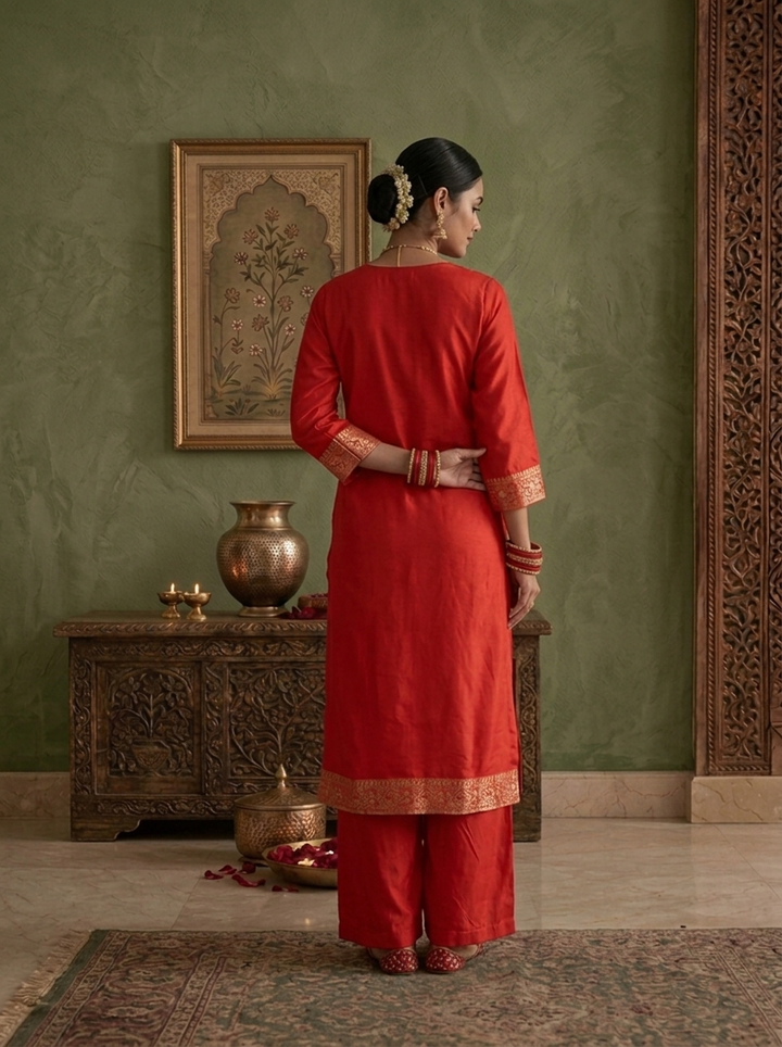 Red Banaras Silk Zari Floral Vine Weaved Three Piece Set