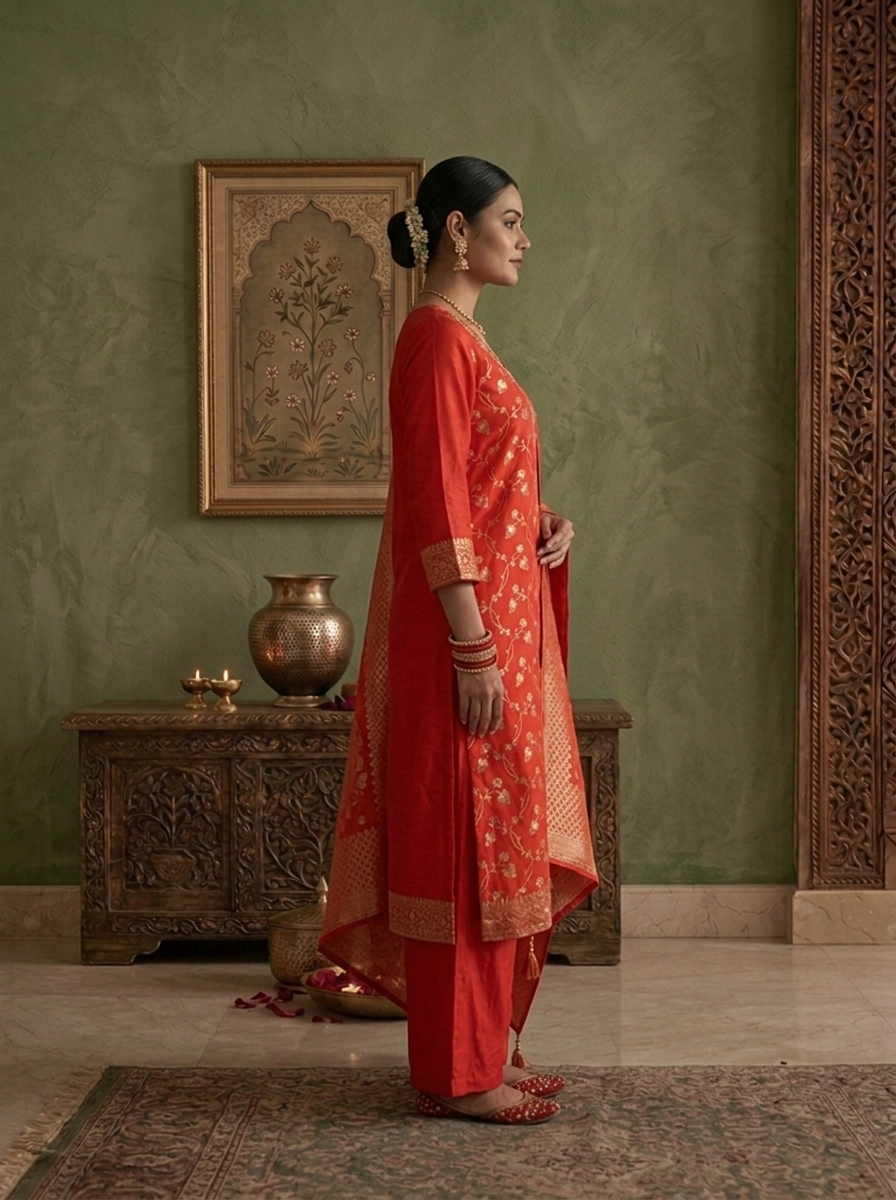 Red Banaras Silk Zari Floral Vine Weaved Three Piece Set