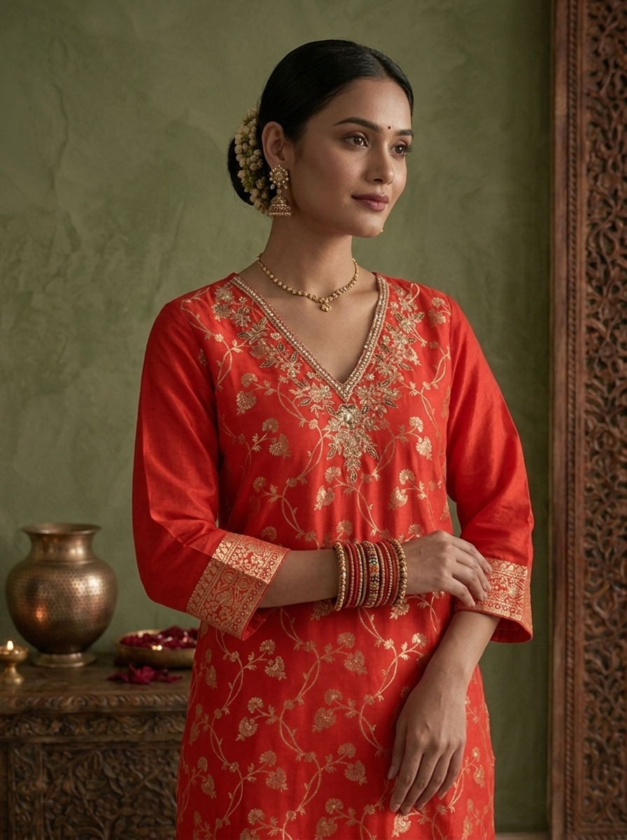 Red Banaras Silk Zari Floral Vine Weaved Three Piece Set