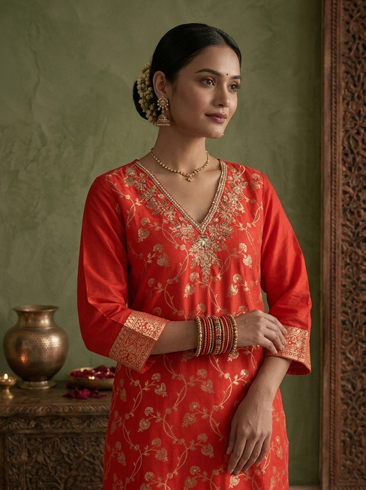 Red Banaras Silk Zari Floral Vine Weaved Three Piece Set