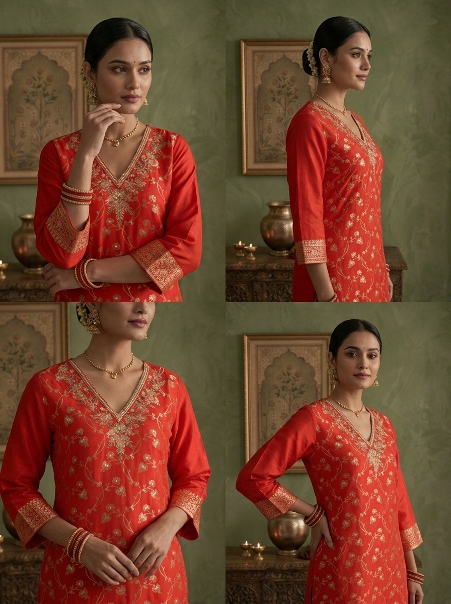 Red Banaras Silk Zari Floral Vine Weaved Three Piece Set