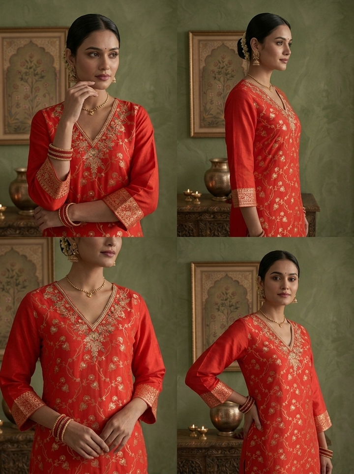 Red Banaras Silk Zari Floral Vine Weaved Three Piece Set