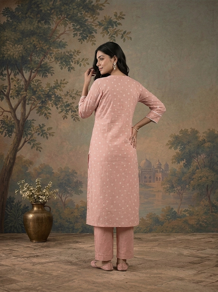 Baby Pink Cotton Butti Printed Three Piece Set