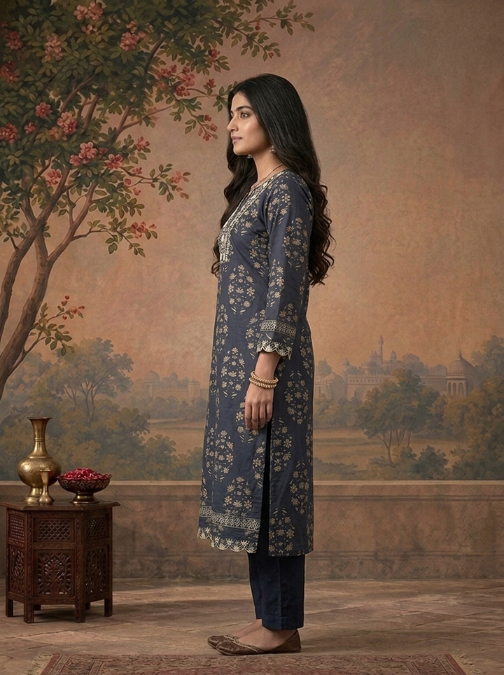 Navy Blue Cotton Mughal Floral Printed Three Piece Set