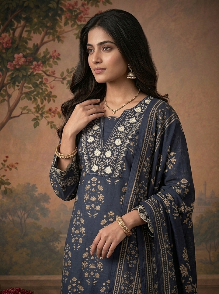 Navy Blue Cotton Mughal Floral Printed Three Piece Set
