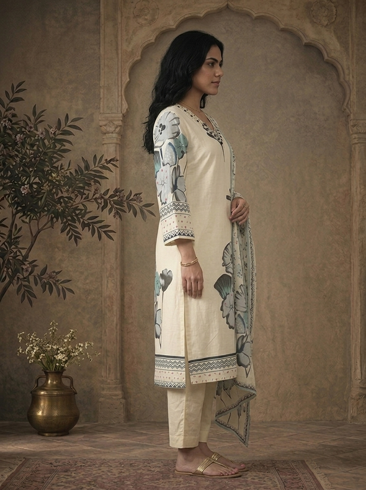 Grey Cotton Abstract Floral Printed Three Piece Set