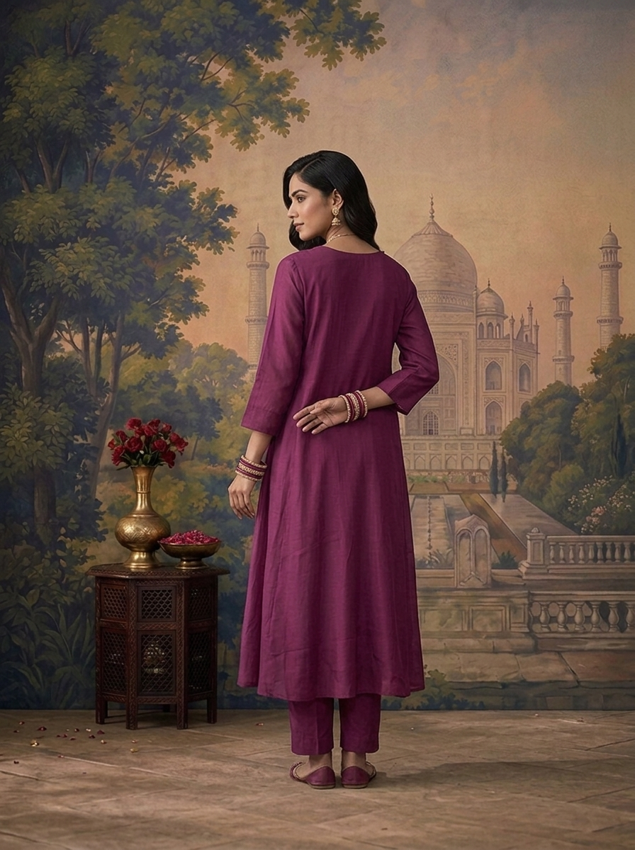 Wine Muslin Solid With Thread Embroidered Three Piece Set