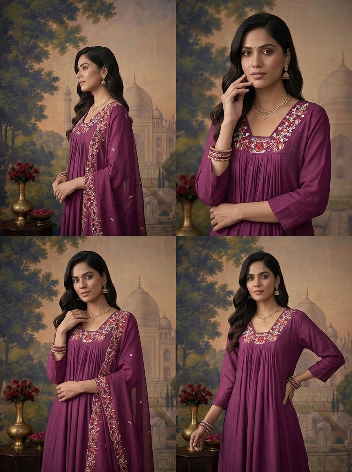 Wine Muslin Solid With Thread Embroidered Three Piece Set