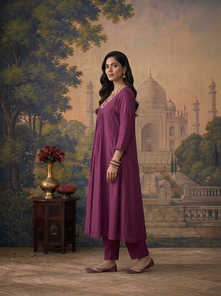 Wine Muslin Solid With Thread Embroidered Three Piece Set