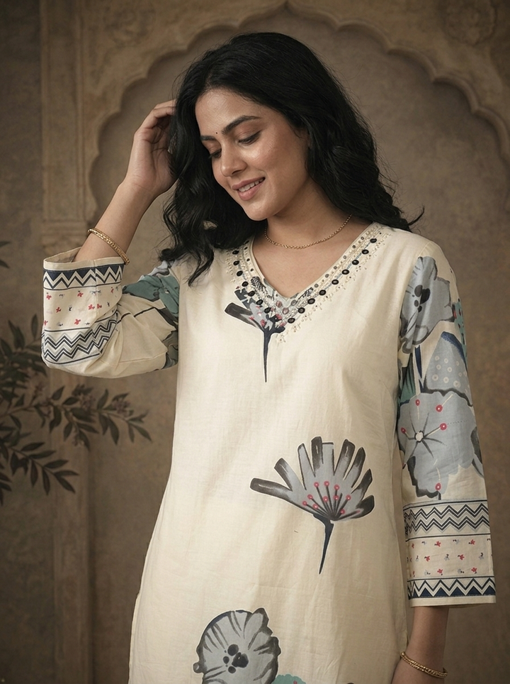 Grey Cotton Abstract Floral Printed Three Piece Set