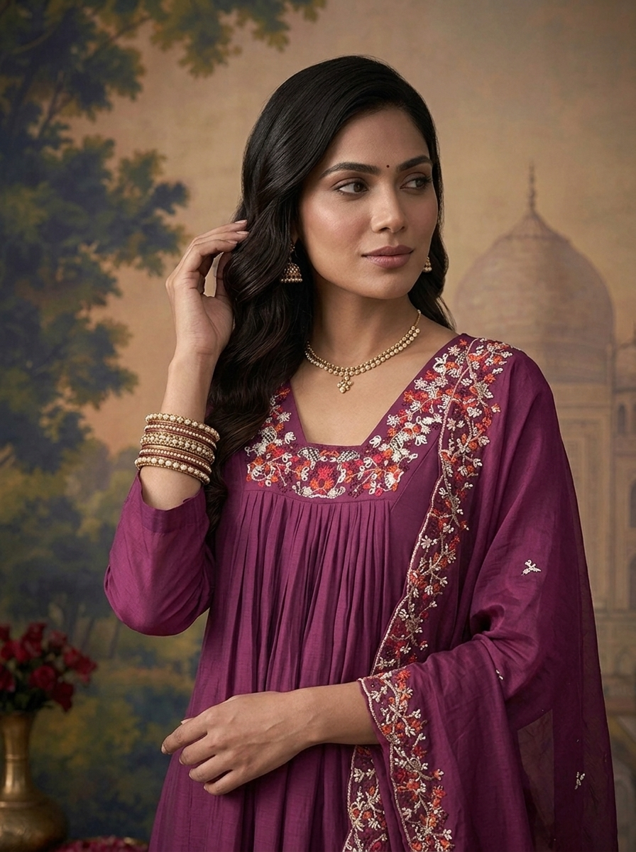 Wine Muslin Solid With Thread Embroidered Three Piece Set