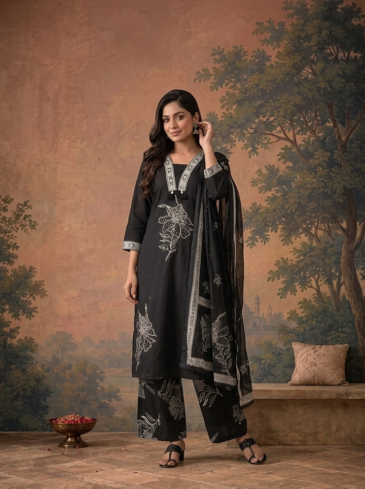 Black Cotton Floral Embroidered Three Piece Set