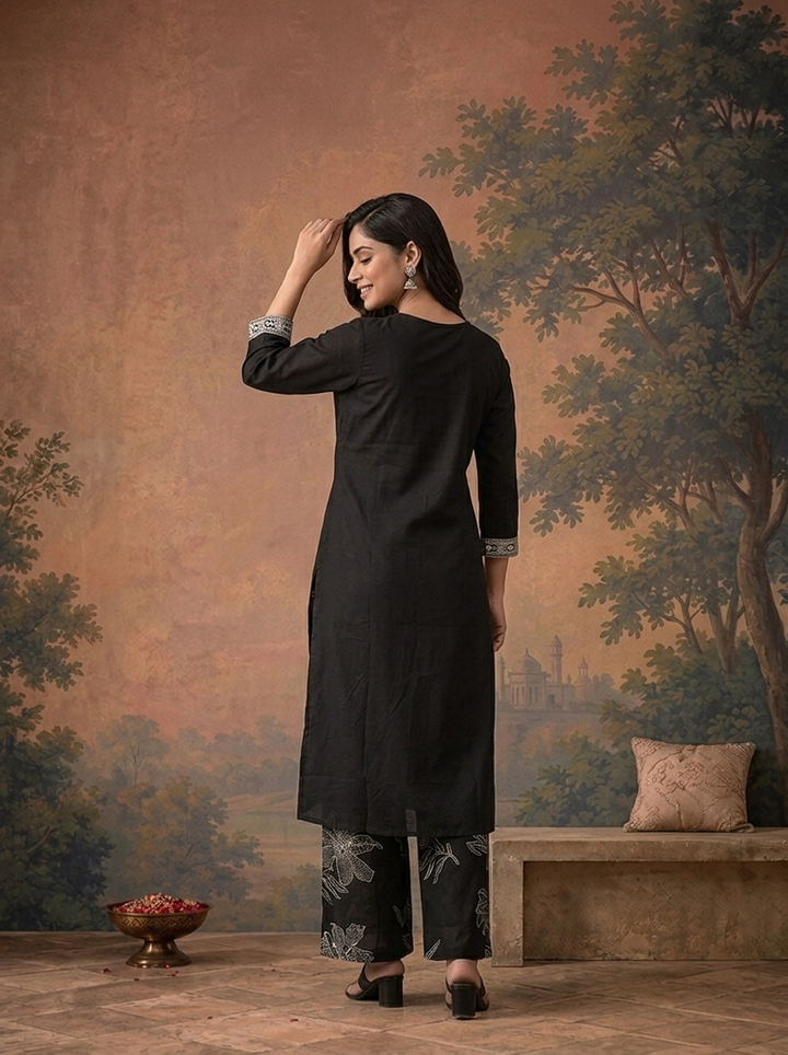 Black Cotton Floral Embroidered Three Piece Set