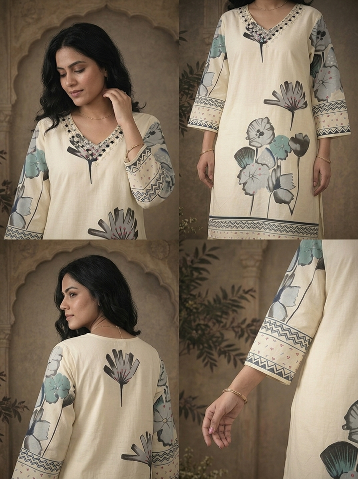 Grey Cotton Abstract Floral Printed Three Piece Set