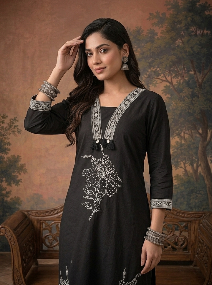 Black Cotton Floral Embroidered Three Piece Set