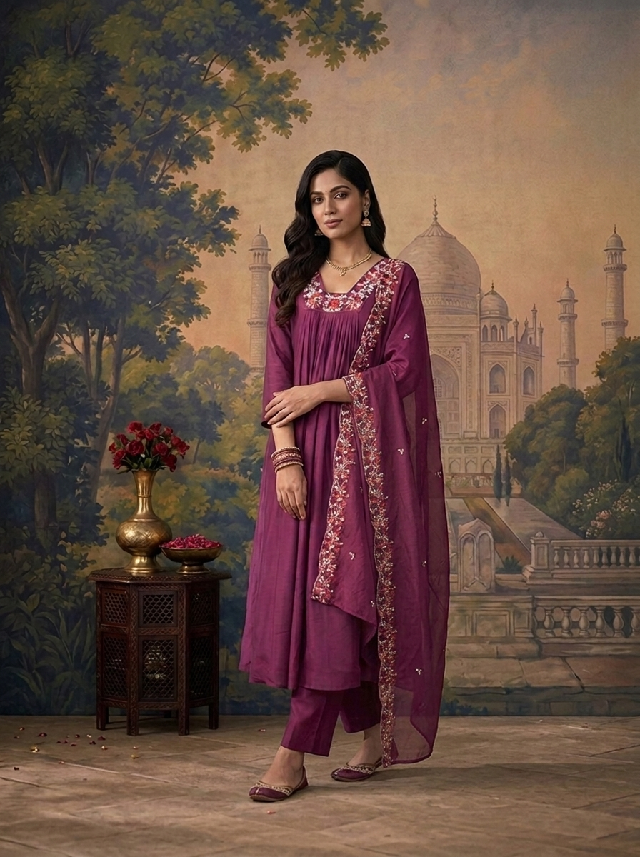 Wine Muslin Solid With Thread Embroidered Three Piece Set