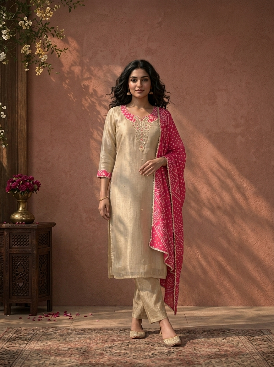 Rani Pink Tissue Paisley Thread Embroidered Three Piece Set