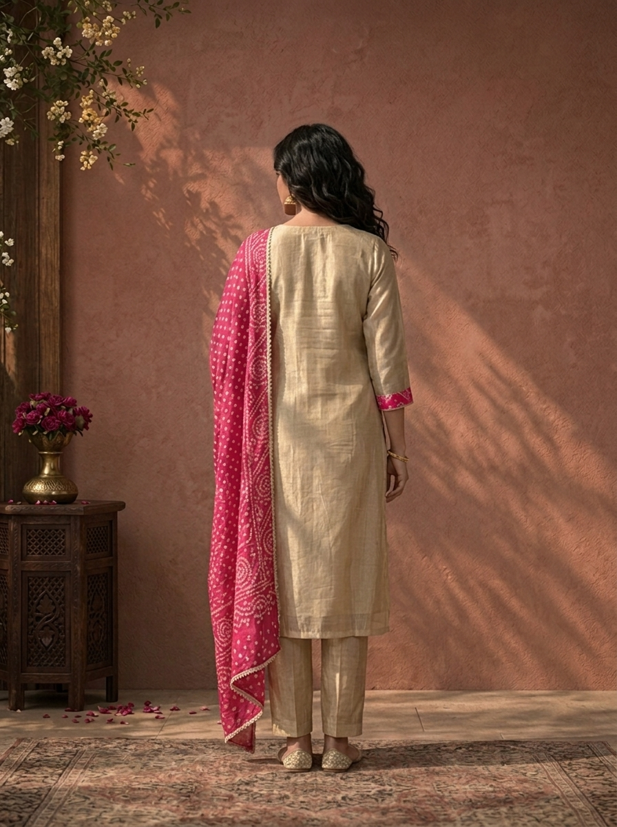 Rani Pink Tissue Paisley Thread Embroidered Three Piece Set