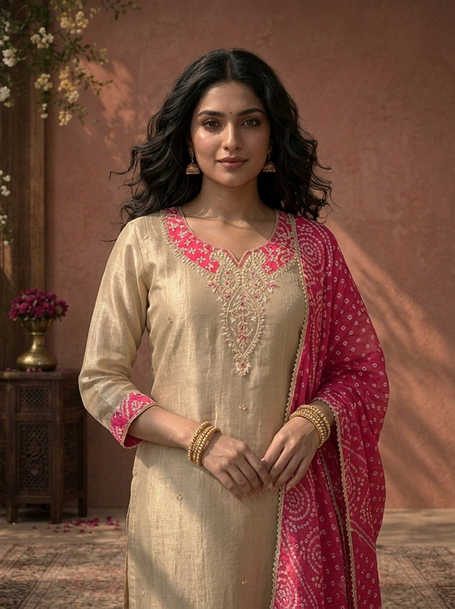 Rani Pink Tissue Paisley Thread Embroidered Three Piece Set