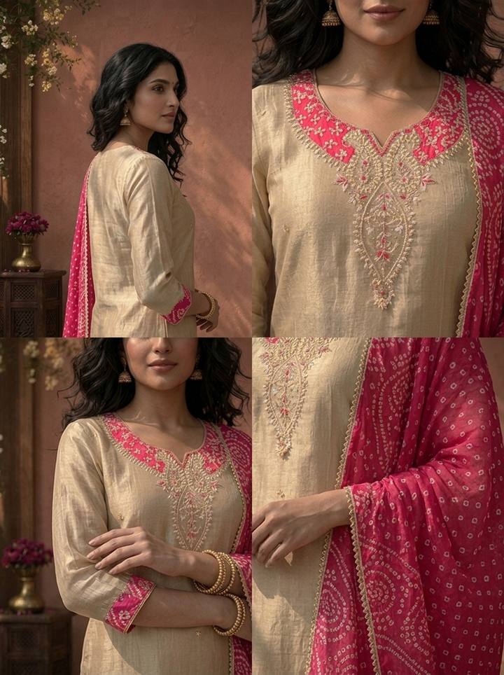 Rani Pink Tissue Paisley Thread Embroidered Three Piece Set