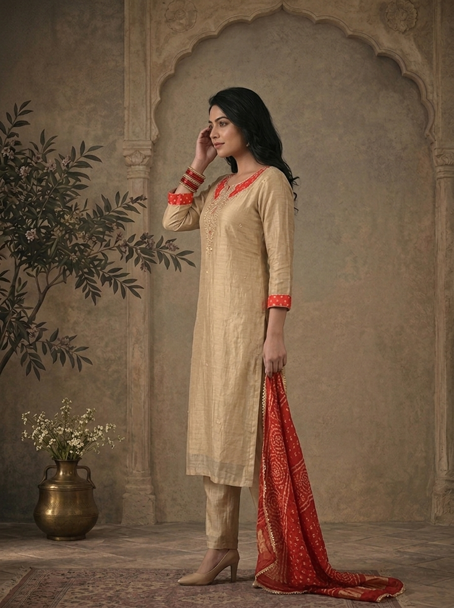 Red Tissue Paisley Thread Embroidered Three Piece Set