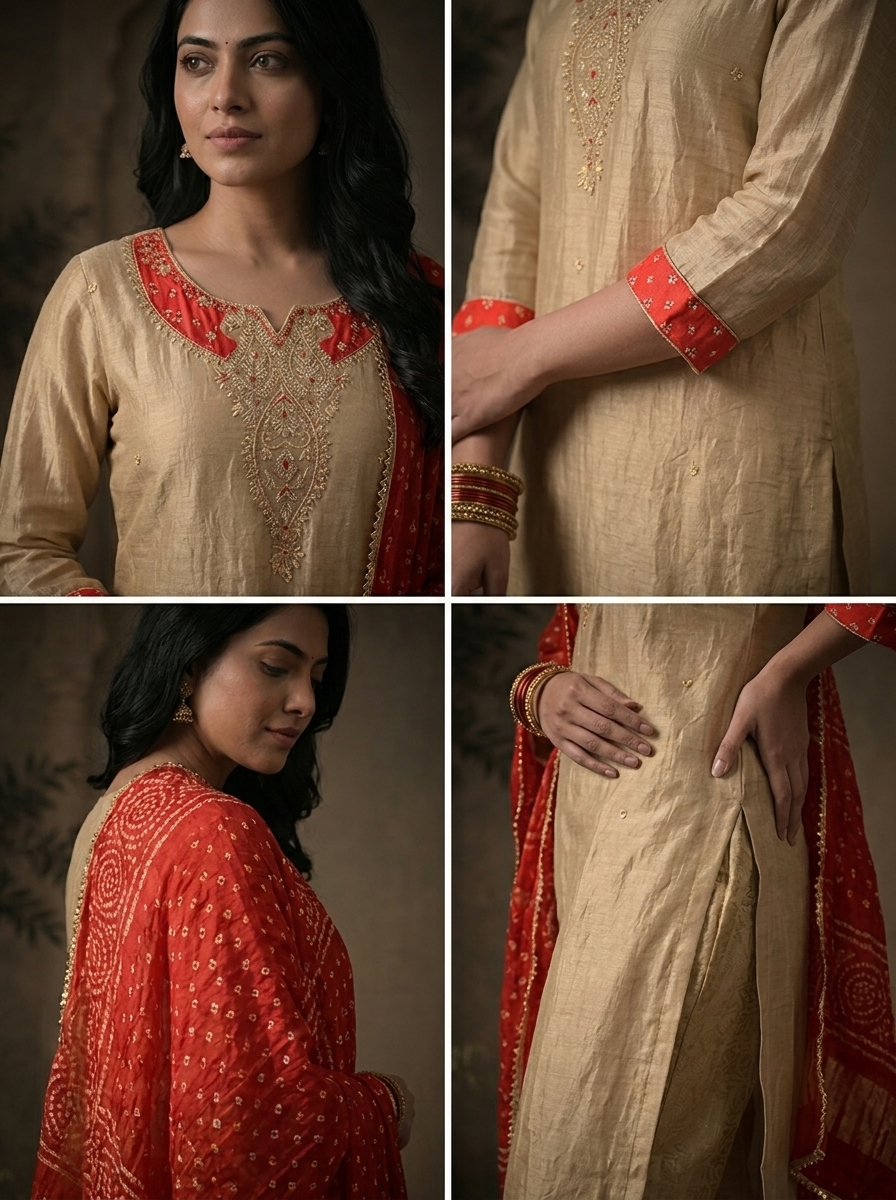 Red Tissue Paisley Thread Embroidered Three Piece Set