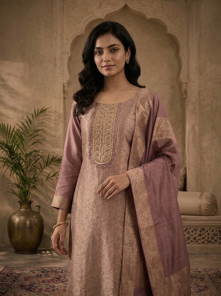 Wine Silk All-Over Floral Zari Weaved Three Piece Set