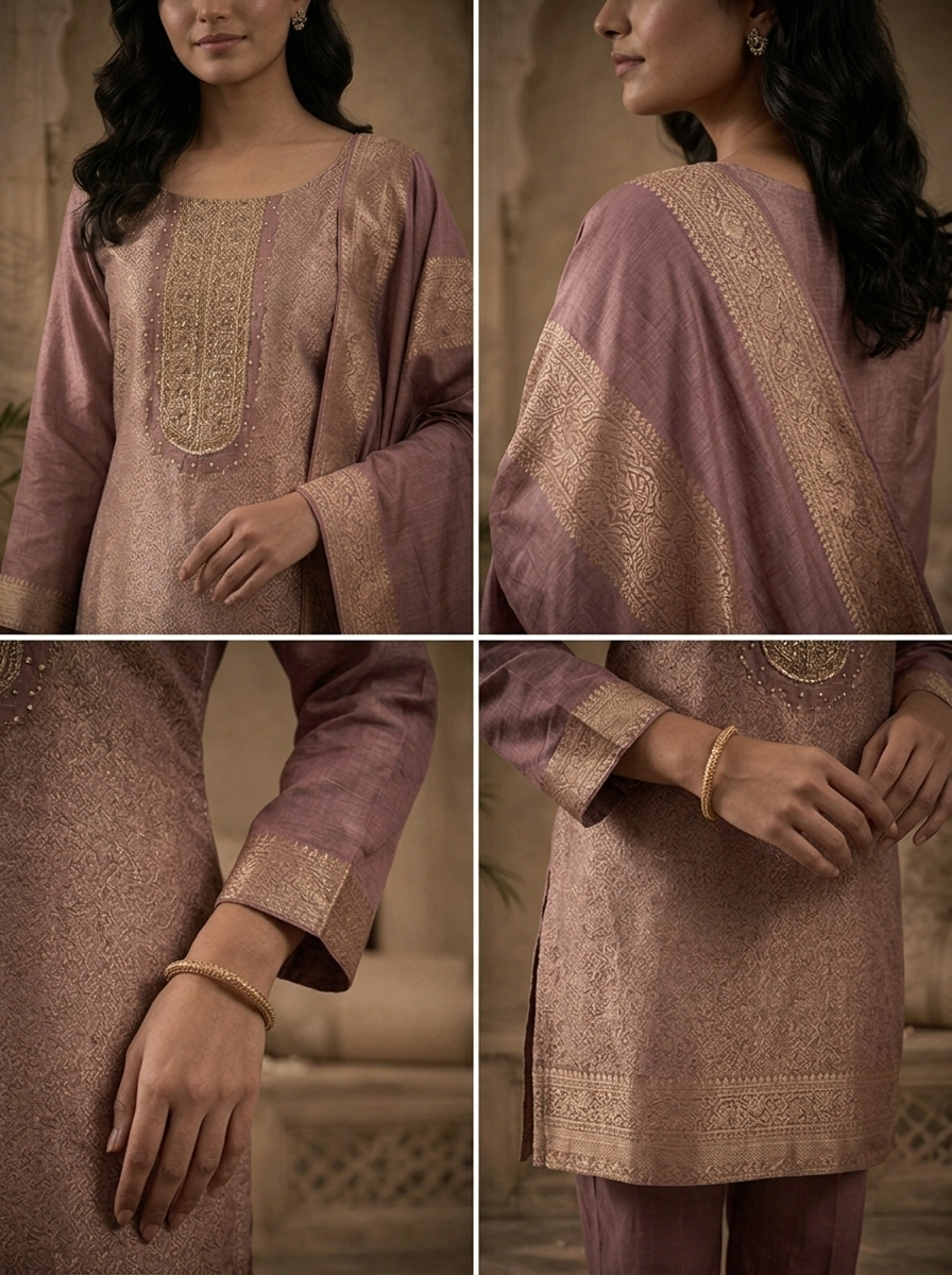 Wine Silk All-Over Floral Zari Weaved Three Piece Set