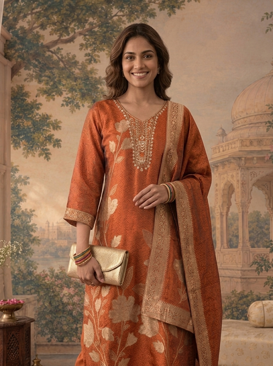 Rust Silk Gold Zari Jacquard Weaved Three Piece Set