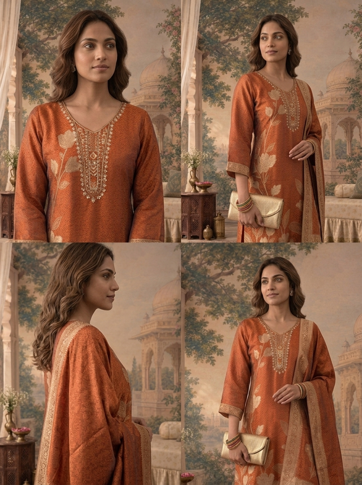 Rust Silk Gold Zari Jacquard Weaved Three Piece Set