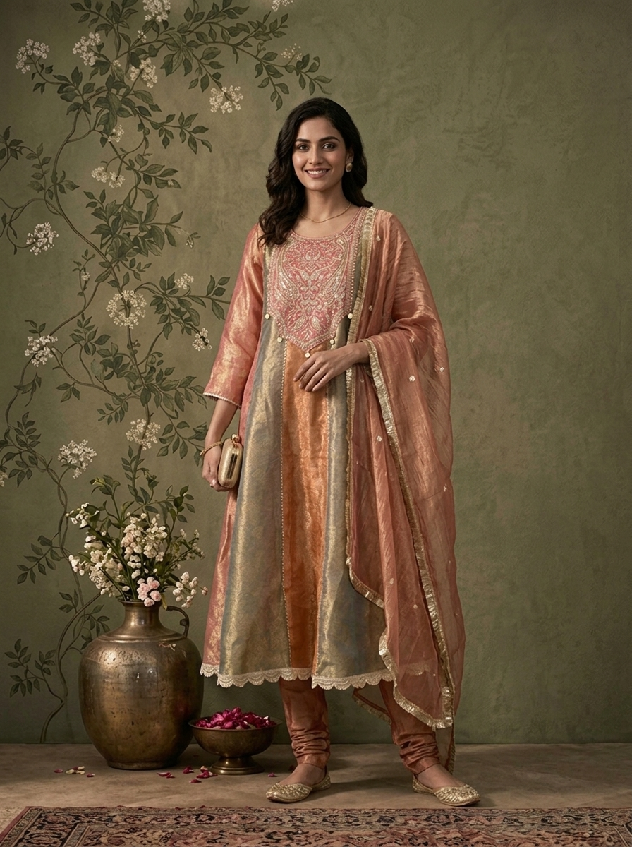 Onion Pink Tissue Paneled Floral Zari Weaved Three Piece Set