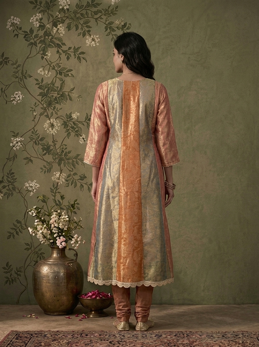 Onion Pink Tissue Paneled Floral Zari Weaved Three Piece Set