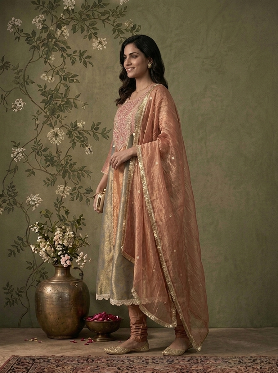 Onion Pink Tissue Paneled Floral Zari Weaved Three Piece Set