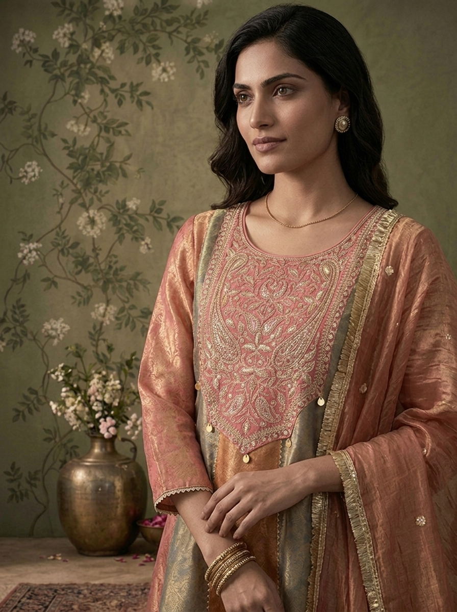 Onion Pink Tissue Paneled Floral Zari Weaved Three Piece Set