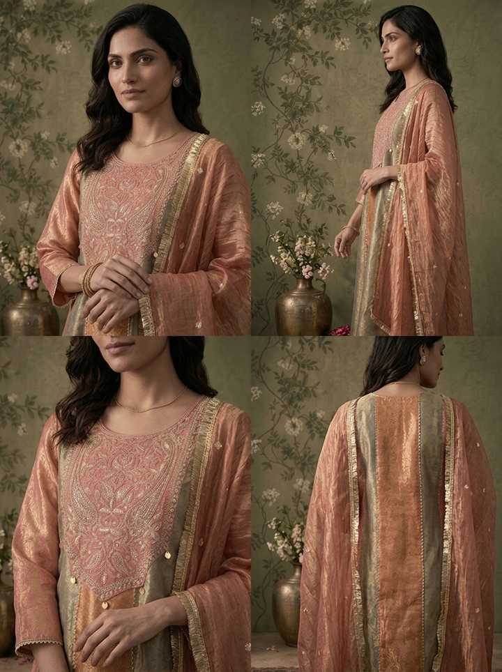 Onion Pink Tissue Paneled Floral Zari Weaved Three Piece Set