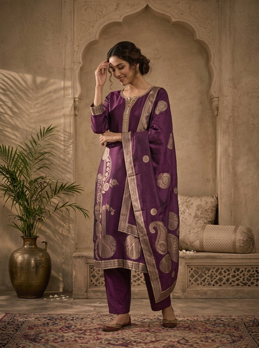 Purple Silk Abstract Motifs Weaved Three Piece Set